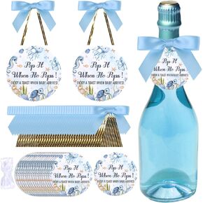 50 Set Travel Pop It When He Pops Baby Shower Bottle Tags with Twist Tie Bows and Ribbon, Cute Baby Shower Mini Champagne Bottle Favor Tags Labels Party Decorations Gifts for Boys (Green
