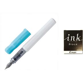 Pilot Kakuno Fine-Nib Fountain Pen White Body Body Blue Cap Body (FKA-1SR-SLF)+ خرطوشة الحبر 12 قطعة / مجموعة واحدة (IRF-12S-B)