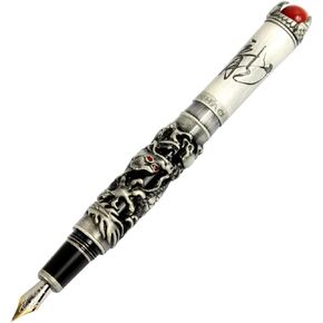 Gullor JinHao Antique Silver Dragon Style 3D Carved Fountain Pen With Red Pearl, Medium Nib, Black