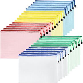 Mesh Zipper Pouch Bags, 25 PCS Waterproof Zipper Pouch 5 Colors Plastic Zippers Bags Clear Mesh Storage Pouches Assorted Colors for Classroom School Office Supplies Cosmetics Travel Storage A4 A5 A6
