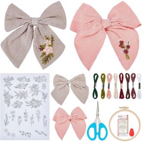 Webeedy 2 مجموعات DIY تطريز Bowknot Hair Clip Kit Elegant Hair Bows Clips DIY Making Kit ، مجموعة إبرة التطريز الأزهار مع طوق ، اصنع مقاطع عصرية للسيدة نساء ملحقات