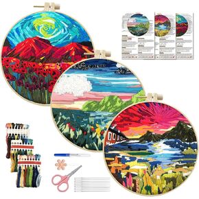 naexuauu3 Pieces Simple to Complex Progressive Cross Stitch Kits Embroidery Kits for Adult with Floral Motifs Includes 3 Embroidery Hoops Extensive Instructions and Accessories