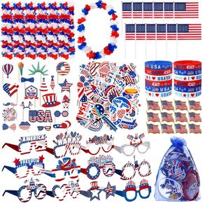 LEITEE 140 PCS 4th Of July Accessories FIVORS PINGORS COMPORS تشمل RED WHITE FLULLE FLOWER BLOWER LEIS نظارات صور كشك صور ملصقات صدر طية دبابيس الولايات المتحدة الأمريكية أعلام الاستقلال السائبة المسيرات