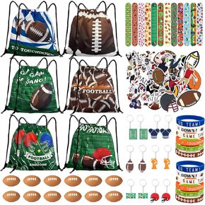 Yeepestmi 110Pcs Football Party Favors Drawstring Bags Football Goodie Bag with Mini Ball, Wristband, Slap bracelets, Keychains, Stickers for Football Party Supplies