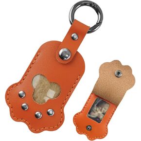 Dog, Cat Paw Shaped Keychain, Pet Memorial Gift Keyring, Full Grain Leather, Handmade Key Holder with Photo Frame (Black)