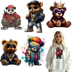 Hip-hop Animals DTF-Transfers-Ready-to-Press Graffiti-Bear Cartoon Animal Iron-on-Transfers Decals Iron-on-Patches for Street Wear T-Shirts (Hip Hop Animal)