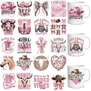 UV DTF Cup Wraps - 20 Sheets Western Cowgirl UV DTF Cup Wraps for 16 OZ Glass Mugs, Pink Coquete Bow Boot UVDTF Stickers, Waterproof Rub on Transfer Decals for Water Bottles Tumblers