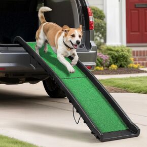 YITAHOME 61in Folding Dog Ramp for Cars with Poly Grass, Portable Pet Ramp for Large Dogs, Lightweight Resin Dog Car Ramp with Safe Raised Sides Stairs Step for SUV Truck, 165lbs Load Capacity