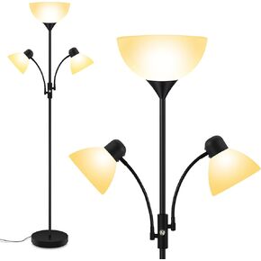 Floor Lamp, Torchiere Floor Lamps for Living Room, 71 Inch Tall Standing Lamp, Bedroom Lamps with Gooseneck Light, Rotary Switch, 3 Plastic Lampshade, Torch Floor lamps for Bedroom (Black, No Bulb)