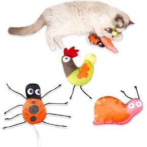 ألعاب Catnip من 3 عبوات للقطط الداخلية-ألعاب أفخم ناعمة مملوءة بالأشعة النعنحة العضوية والقواقع والروستر والخنفساء للعب القامة والمرح والمرح التفاعلي