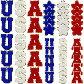 Lyrow 48 PCS USA Patch Patch Patteric Letter Patches for Glitter Red White Blue Star for 4th of July Independence Day Cloth Iron on Letters American Flag Iron on Patch ، Size 2