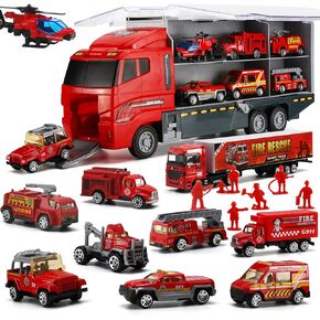 19 Pcs Fire Truck with Firefighter Toy Set, Mini Die-cast Fire Engine Car in Carrier Truck, Mini Rescue Emergency Double Side Transport Vehicle for Kid Child Boy Girl Birthday Christmas Party Favors