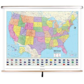 Kappa Classroom Pulldown Map, US & World Advanced Political Combo Wall Map, 2-Map Set, Installed on a Spring Roller with Backboard, 64" x 49", Hanging Hardware Included, Made in the U.S.A.