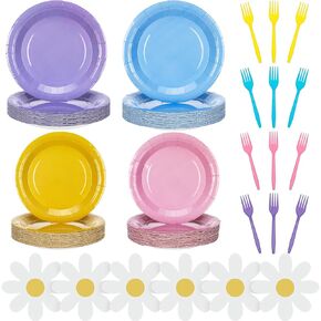 Zhehao 96 Pcs Pink Blue Dog Birthday Party Tableware Include 9'' 7'' Pink Dog Plates,Fork,Daisy Paper Napkins,Disposable Pastel Tableware Set Party Supplies for First Birthday Baby Shower