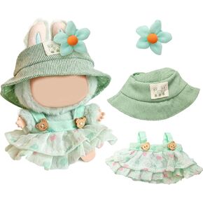 Green Doll Clothes for Labubu 3 Set (No Doll)：Clothes Outfit for Toys with hat, Dress and Clip ，Ideal Gifts