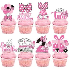 Oh Twodles Cupcake Toppers - 24 Pcs Pink and White Cartoon Mouse Bow Dots Cake Cupcakes Dessert Topper Decor Set 2nd Birthday Party Decorations Supplies Favors for Two Years Old Kids Girls
