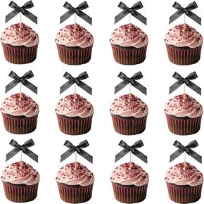 24pcs Bow Cupcake Toppers - Girls Pink Bow Cake Picks Party Decorations Coquette Themed Bowknot Ribbon Cake Topper for 1st birthday Bridal Baby Shower Wedding Christmas