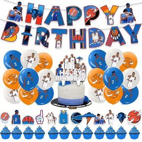32Pcs For Oklahoma City Team Birthday Decorations,Basketball Party Decoration with 1 Happy Birthday Banner,Cupcake Toppers,Cake Cupcake Toppers,Balloons for Boys Girls Party Decor