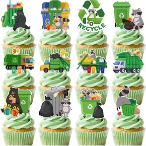 Trash Truck Birthday Decorations - 24 Pcs Garbage Truck Cake Topper, Green Waste Management Recycling Theme Cupcake Toppers Set, Happy Birthday Party Supplies Photo Background Decor for Boys