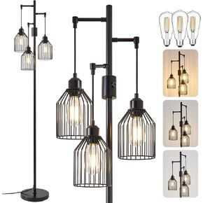 Dimmable Floor Lamp for Living Room, Farmhouse Floor Lamps with Elegant Hanging Cage, 3 x LED Edison Bulbs Included, 68.5" Industrial Standing Light for Bedroom Office Home Decor (Gold) in Kuwait