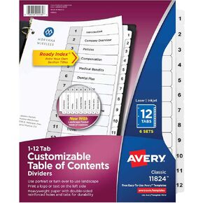 Avery 12 Tab Dividers for 3 Ring Binders, Customizable Table of Contents, Classic White Tabs, 6 Sets (11824)