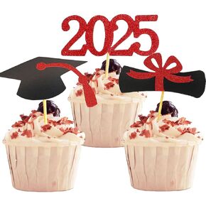 2025 Graduation Cupcake Toppers, 48 PCS Food/Appetizer Picks For Graduation Party Mini Cake Decorations, Diploma, 2025, Grad Cap Set 48 Pieces (06 Pink)