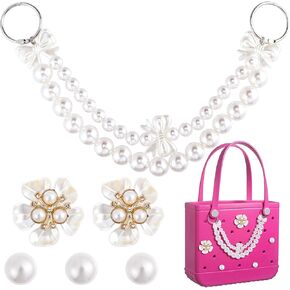 6pcs Pearl Charms for Beach Bag, Flowers Bow Chain Decoration, Pearl Handbag Insert Accessories for Beach Tote Bag Favors-White
