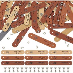 FINGERINSPIRE 48 Sets PU Leather Label 2.5x0.5inch Beige Chocolate Saddle Brown Oval Leather Crochet Labels Ball of Yarn Pattern Handmade Embossed Tag with Rivets for Clothing DIY Knitting Crafts