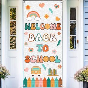Boho Classroom Door Cover Welcome Back to School Hanging Door Banner with Rope Colored Rainbow Daisy Crayon Decoration for First Day of School Elementary Kindergarten