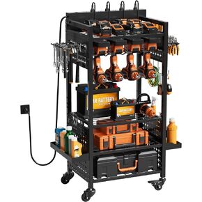 Power Tool Organizer Cart with Charging Station, Black Floor Standing Utility Storage Cart, Metal Rolling Tool Storage Rack on Wheels for Warehouse and Family, A Gift Ideas for Men, Dad