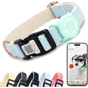Dog Collar with Waterproof AirTag Holder & Anti-Lost QR Code, Cute Bling Warpping Adjustable Width for Small Medium Large Pet (Light Blue, S)