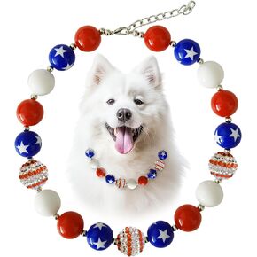 American Flag Dog Collar, Hosiwei Chunky Beads (19mm) Adjustable Patriotic Necklace with Stainless Steel Rope, 4th of July & Independence Day Jewellery Accessories for Dogs 14.1 to 18.1 Inches