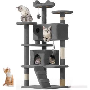 54" Cat Tree Tower for Indoor Cats Large Adult,Cute/Tall Modern Cat Tree for Big Cats 20 lbs, Plush Multi-Level Cat Condo with Scratching Posts, Dangling Ball for Fun (Light Gray, 54 inch)