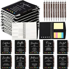 TecUnite 20 Pcs Inspirational Phrases Spiral Notebooks with Sticky Notes Bamboo Pen Bulk Calendar Undated to Do List Weekly Goals Journal Appreciation Gift for Back to School Student Women Men(Black)