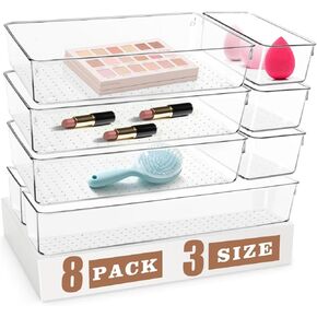 8 Pack Drawer Organizer for Kitchen Gadgets - PET Plastic & Sturdy Large Clear Drawer Divider for Kitchen Accessories, Bathroom Organizers and Storage, Makeup & Desk Organizer Tray for Gift