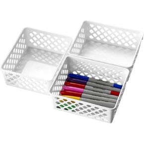 Officemate Achieva Medium Supply Basket, 3-Pack, White - Durable Organizing Storage Bins for Office, Home, Classroom & Craft Supplies, Non-Slip Base, Stackable Design, 6.125 x 5 x 2.375 Inches (26205)