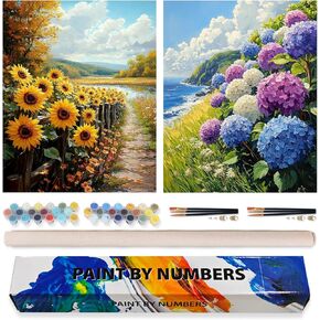 2 Pack Paint by Numbers Kit for Adults Beginner, Flowers Adult Paint by Number Kits on Canvas, DIY Hydrangea Sunflower Landscape Acrylic Painting by Number Kits for Home Decor Gift 16x20 Inch