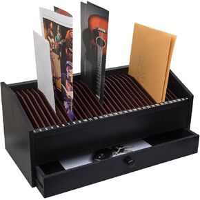 Jumbl 17" - 31 Slot Wooden Bill/Letter Organizer With Drawer - Black