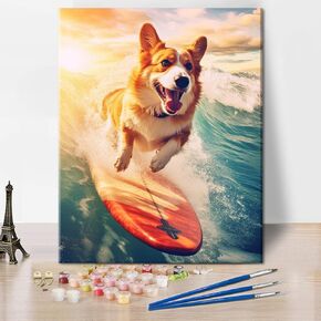 TUMOVO Paint by Numbers for Adults Dog Adult Paint by Number Welsh Corgi Dog with Surfboard on The Wave Abstract Adults' Paint by Number Kits Sunset Oil Painting Art Crafts 16x20 in