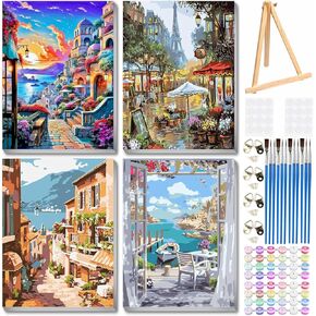 ICYANART 4 Pack Frame Sunset Paint by Numbers Kit for Adults Beginner,with Wooden Easel,Waves Paint by Numbers with Frame for Home Wall Decor 12x16inch