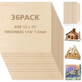 Adrattnay Basswood Sheets 1/16 x 12 x 12 inch - 1.5mm Basswood Sheets Plywood Sheets, 36Pcs Square Unfinished Wood Board for DIY Crafts, Laser Cutting, Wood Burning, Painting, Model Carving