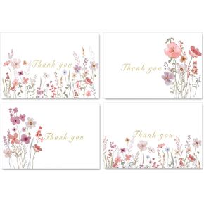 Thank You Cards with Envelopes & Stickers – 20-Pack Watercolor Floral Blank Note Cards, 4" x 6", Heavy 300gsm Cardstock for Weddings, Baby Showers & Business