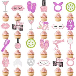 Spa Cupcake Topper Glitter Makeup Themed Birthday Cupcake Decorations 24Pcs Spa Party Cupcake Picks Spa Day Mask Slumber Cake Decor for Makeover Mask Sleepover Birthday Party Supplies