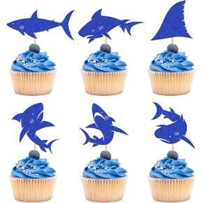 24Pcs Shark Cupcake Toppers Cake Decoration, Blue Glitter Shark Fin Ocean Animals Shark Theme Baby Shower Kids for Birthday Party Wedding Anniversary Supplies