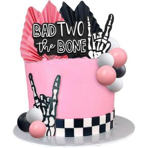 الوردي السيئ اثنين من زخارف حفلة العظام ، سيئ اثنين من كعكة العظم Topper Rock and Roll 2nd حفلة عيد ميلاد ديكور كعكة ديكور لموسيقى موسيقى الروك 2 سنة حفلة عيد ميلاد عمرها 2 سنة