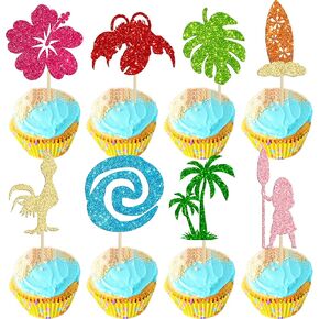 Ephlyn 32Pcs Moana Inspired Cupcake Toppers Glitter Palm Leaf Flower Cupcake Picks Tropical Hawaiian Luau Theme Cake Decorations for Baby Shower Birthday Party Cake Supplies Multi