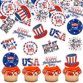 56 Pcs Edible Cupcake Toppers for 4th of July – Patriotic Independence Day Decorations for Cupcakes, Red White Blue USA Flag Party Supplies (Style 2)