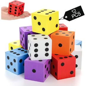 12 Pack Large Foam Dice, 2 Inch Colorful Cubes with Number Dots, 6 Sides Big Square Pocket Game Dice for Classroom Math Teaching, Kids Boys Girls Party Supplies Toy Gift Prize
