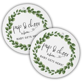 Pop It When She Pops Hang Tags Greenery Eucalyptus Floral | 30 Pk 2.5" Circle Mini Champagne Leaves Labels for Baby Shower Favor Sticker Simple Gender Reveal Party