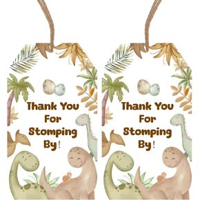 Serencatcher 50pcs Dinosaur Thank You Tags, Boho Dinosaur Baby Shower Decorations Thank You for Stomping by Gift Name Tags with String Beige Color for Dino Roar Birthday Gender Reveal Party Favors